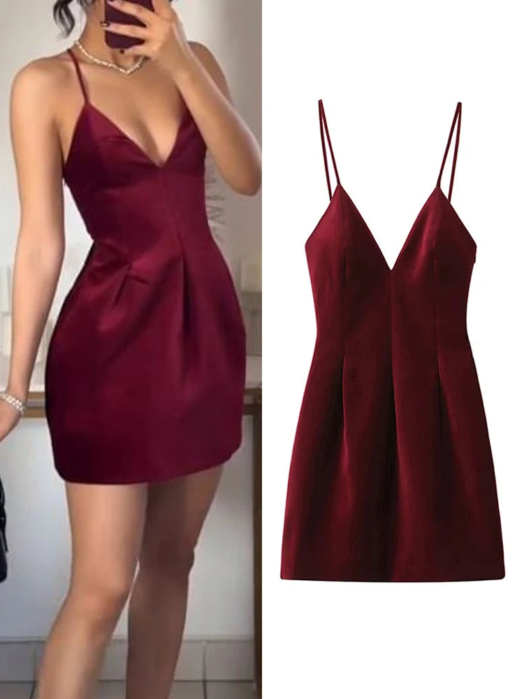 Retro Red Velvet Sling Dress For Women Elegant Vintage Dress Old Money