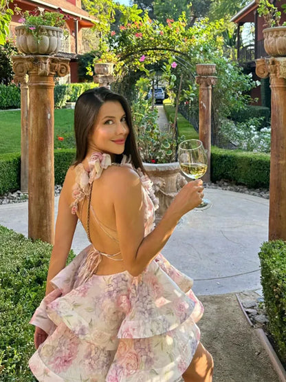 3D Flowers backless ruffle