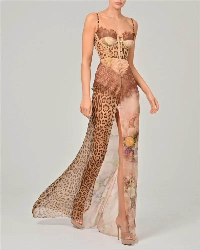 Summer Strap Leopard Lace Split Sexy Long Dress Women's Elegant Patched Chiffon Sleeveless Backless Beach Evening Dress - Shellss