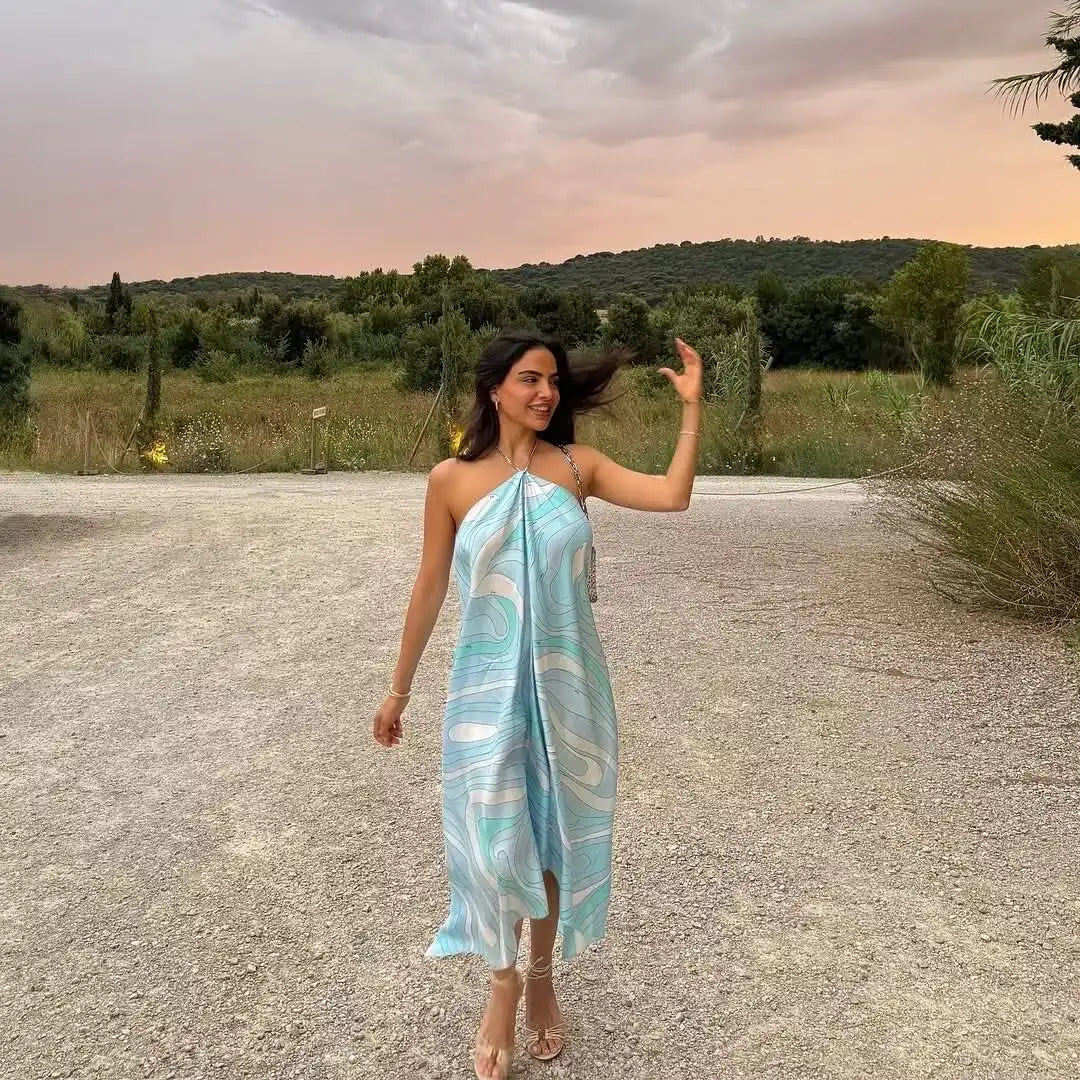 Sexy Printed Halter Maxi Dress Women Fashion Sleeveless Backless Loose Irregular Dresses 2026 Summer Lady Beach Vacation Robe