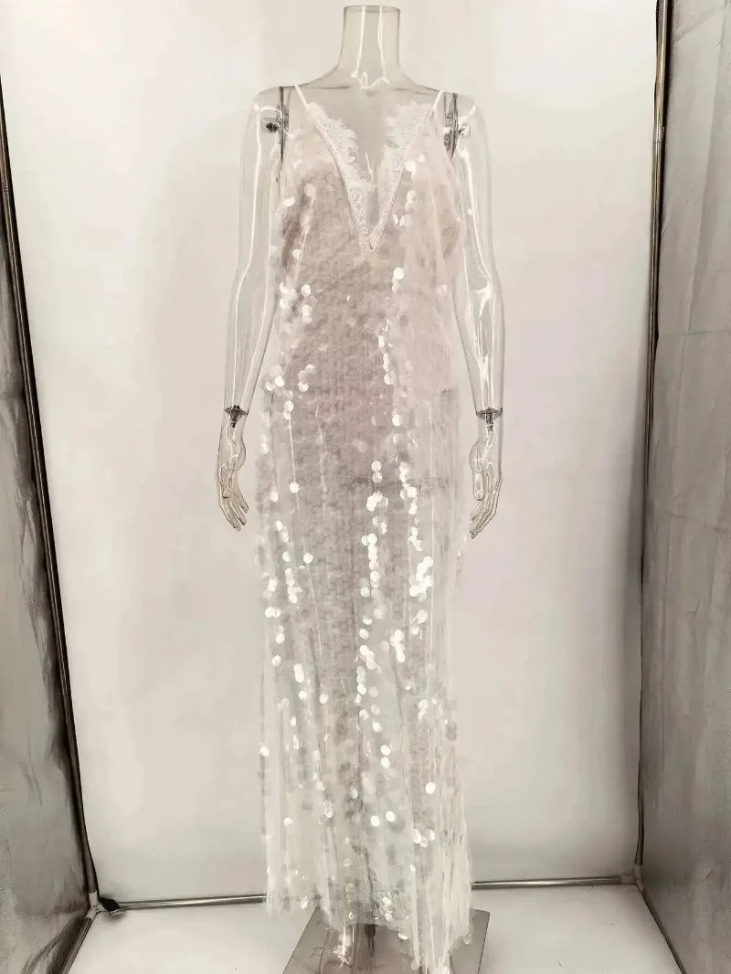 Sexy Sheer Sequin Lace Trim Spaghetti Strap Maxi Dress Deep V‑Neck Backless Bodycon Dresses Beach Vacation Evening Party Gown