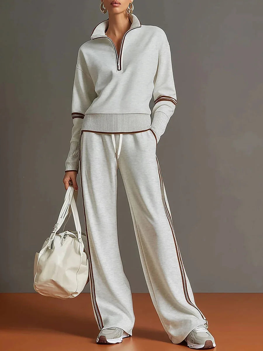 Women European Style Half Zip Knit 2 Piece Outfit Stand Collar Long Sleeve Sweater Drawstring Wide Leg Pants Matching Set Casual