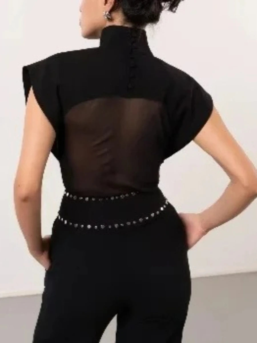 TWOTWINSTYLE Black Loose Spliced Mesh Jumpsuits for Women Stand Collar Sleeveless Sexy Temperament Jumpsuit Female Fashion New