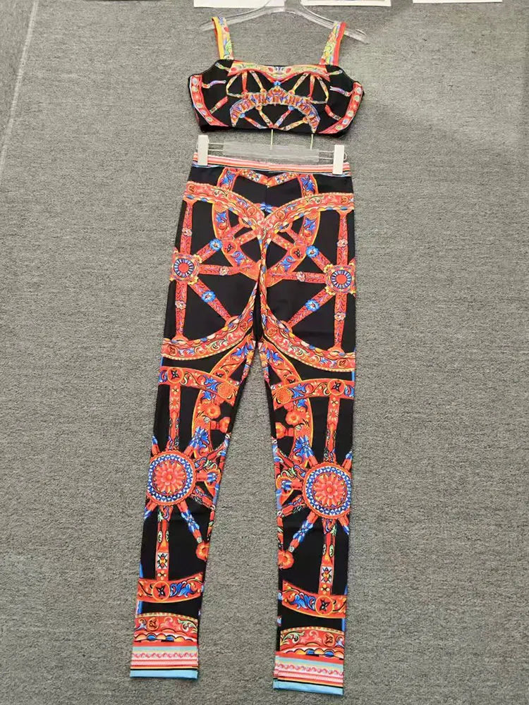 Summer New 2026 Printed Two-Piece Suit with One-Word Collar Sexy Waist-Exposed Top And Elastic Waist Slim Trousers for Holiday - Shellss