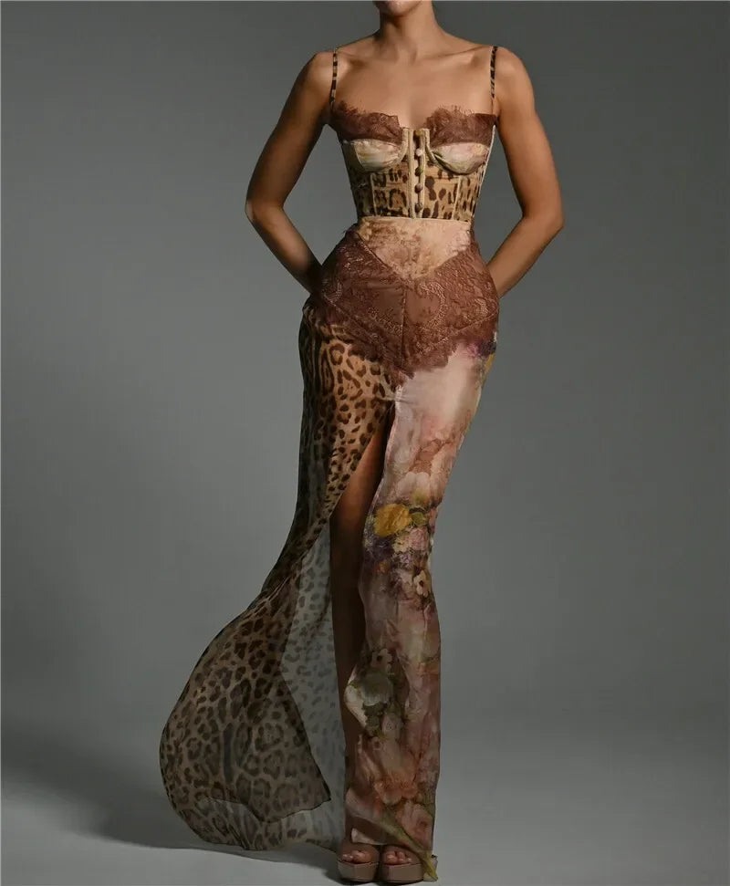 Summer Strap Leopard Lace Split Sexy Long Dress Women's Elegant Patched Chiffon Sleeveless Backless Beach Evening Dress - Shellss