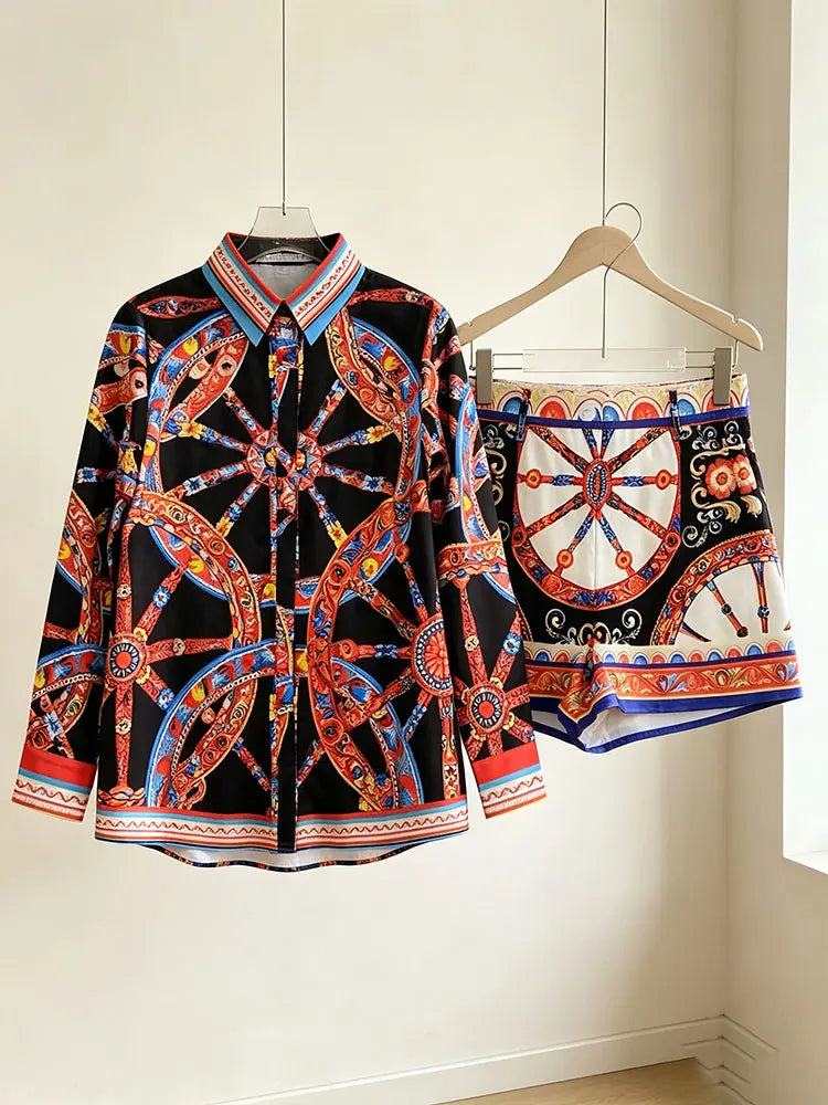 Retro lapel single-breasted long-sleeved shirt spring and summer new women's two-piece pants+high waist shorts fashion suit - Shellss