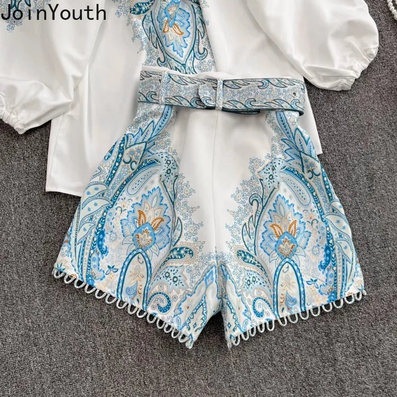 Stand Collar Wide Leg shorts Vintage Floral Summer Outfits