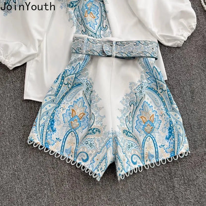 Stand Collar Wide Leg shorts Vintage Floral Summer Outfits