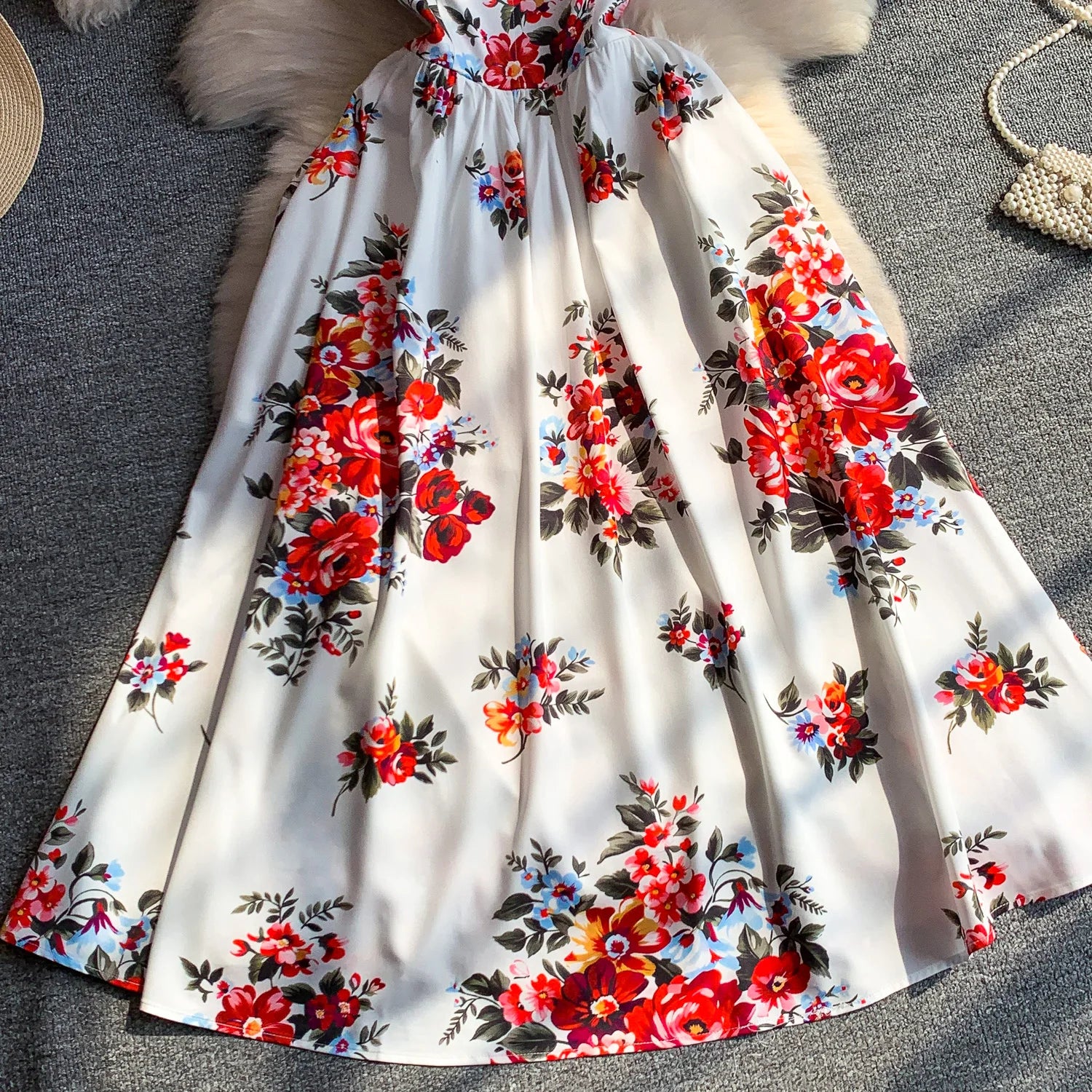 Retro Print Strapless Tube Dress Women's Summer Slimming A-Line Long Dress Court Style with Chest Pad Comfortable Breathable
