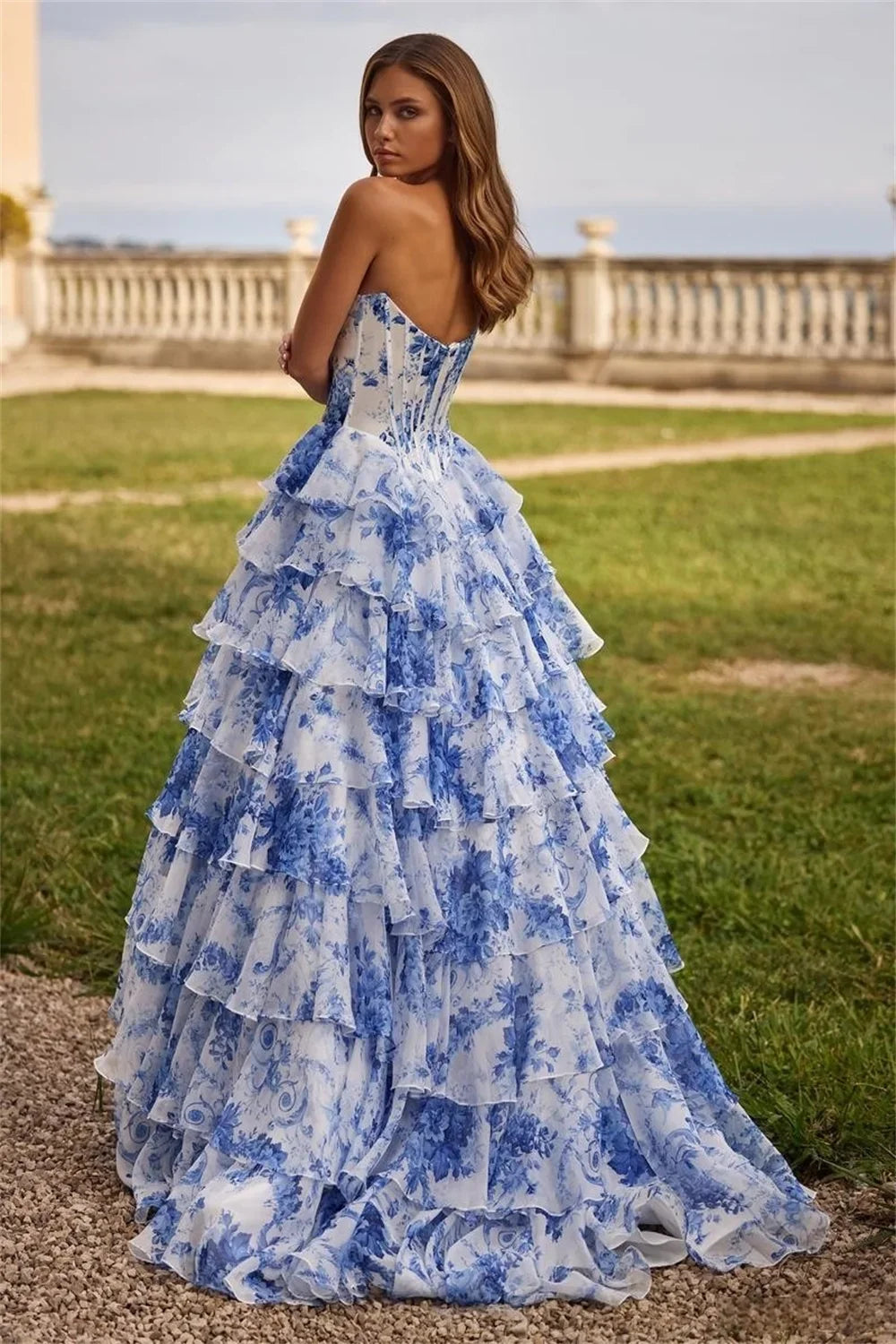 Strapless Evening Dresses Floral Tiered Ruffle