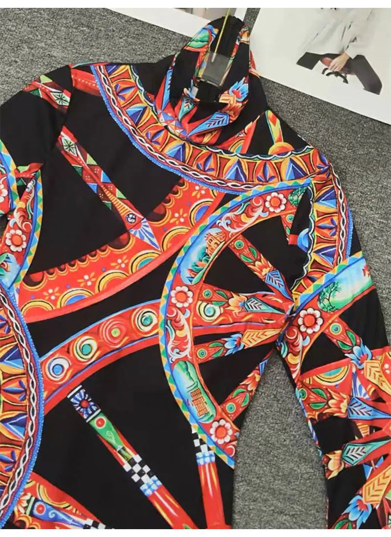 Retro Color Wheel Print High-Neck Long-Sleeve Slim Fit Mini Dress for Women Autumn Elastic Waist Holiday Banquet Temperament Dre - Shellss