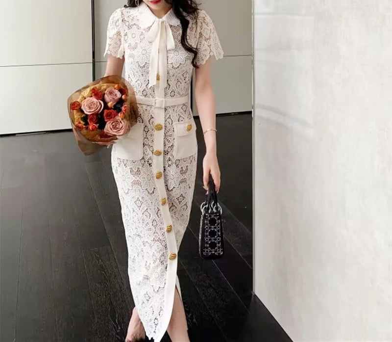 Lace Midi Dress Single Breasted Metal Buttons