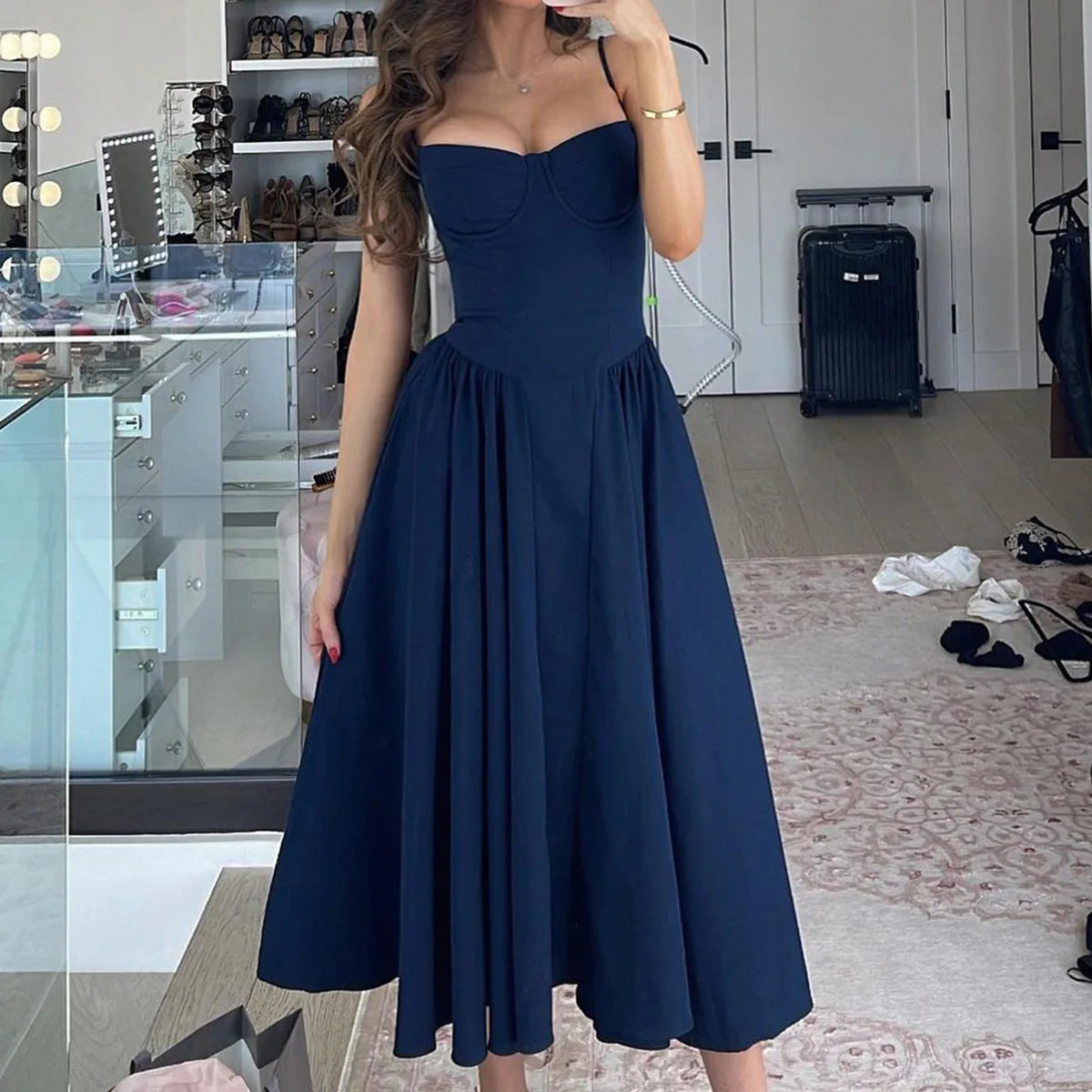 Suninheart Spaghetti Strap Summer Party Dresses 2025 New Arrivals Fit and Flare Elegant Midi Dress Red Night Date Dress - Shellss