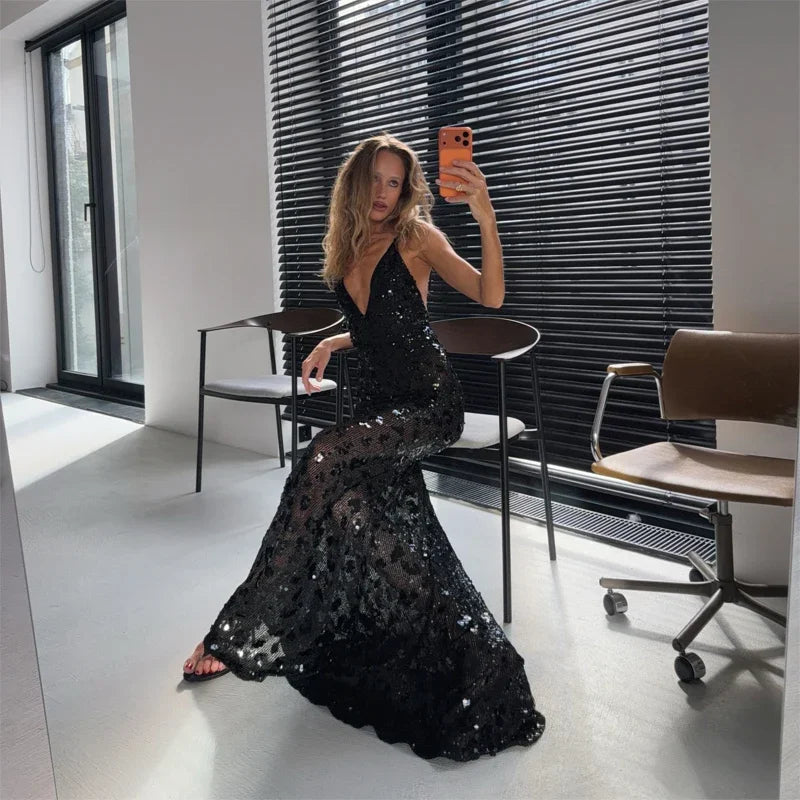 Sequin Deep V-neck Long Dress Women Chic Sleeveless Spaghetti Strap Backless Mermaid Robes Lady Sexy Evening New Party Dresses
