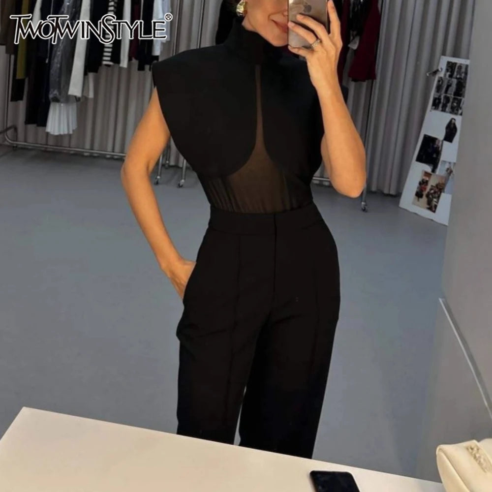 TWOTWINSTYLE Black Loose Spliced Mesh Jumpsuits for Women Stand Collar Sleeveless Sexy Temperament Jumpsuit Female Fashion New