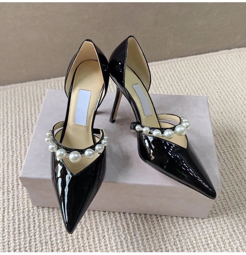 Star style Luxury Pearls Rhinestones Leather Pumps