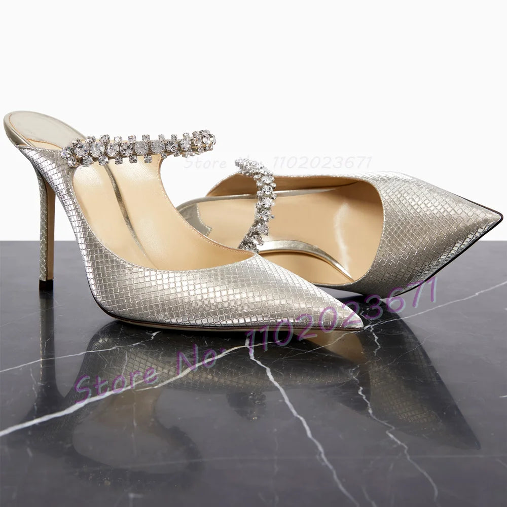 Silver Metallic Crystal Mules Rhinestone Arch Strap Heels