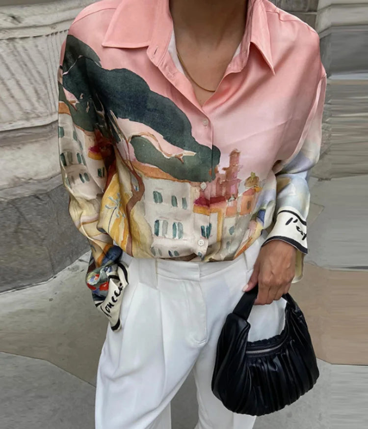 Ladies Fashion Casual Matching Outfit Daily Vacation Wear Women Autumn New Printed Shirt and Shorts Two Piece Set - Shellss