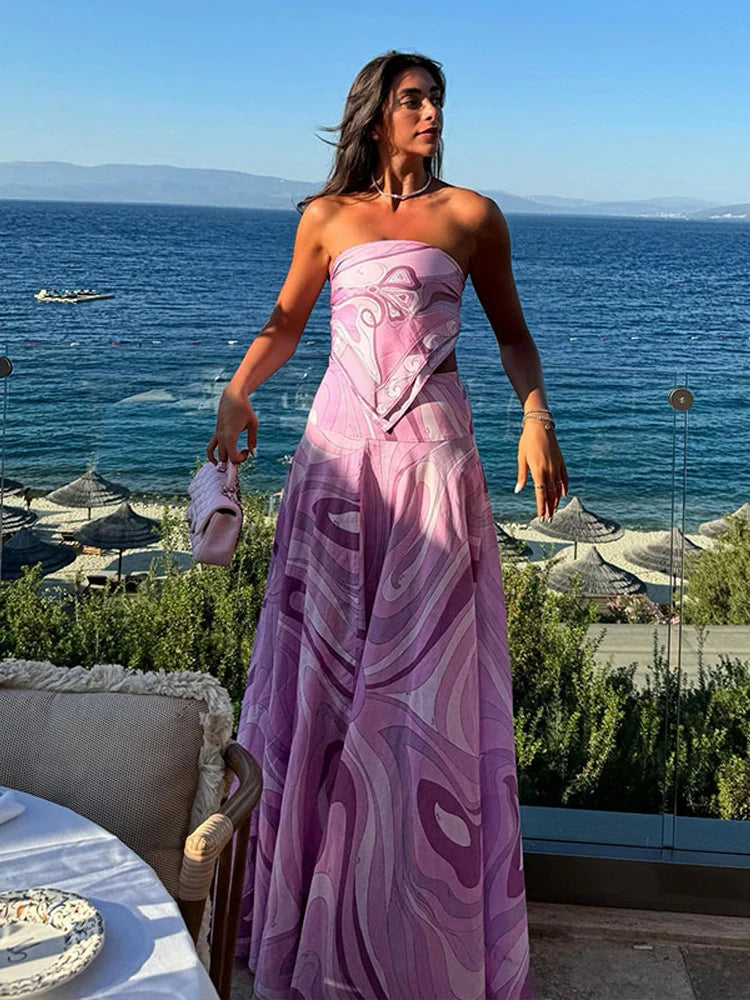 Printed Strapless Pink Skirt Set