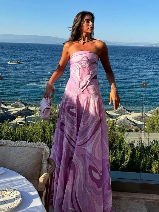 Printed Strapless Pink Skirt Set