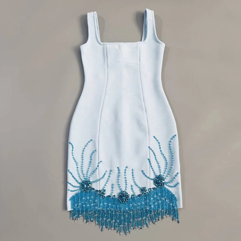 New sexy sleeveless diamond studded mid length dress, beaded tassel bandage dress, dance party dinner dress, short mini skirt