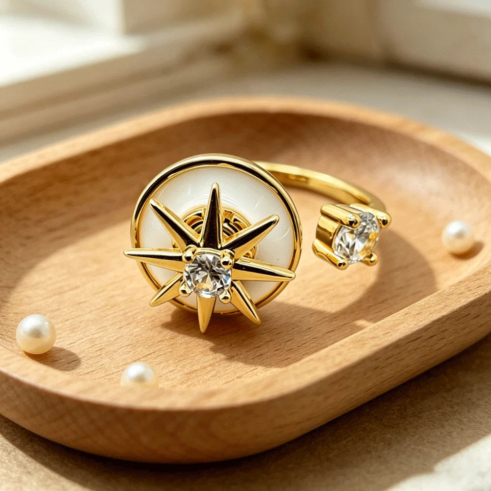 Two-Tone Gold Silver Tone Rotatable Starburst Enamel CZ Adjustable Ring Women Luxe Wedding Sparkling Elegant Daily Wear Jewelry