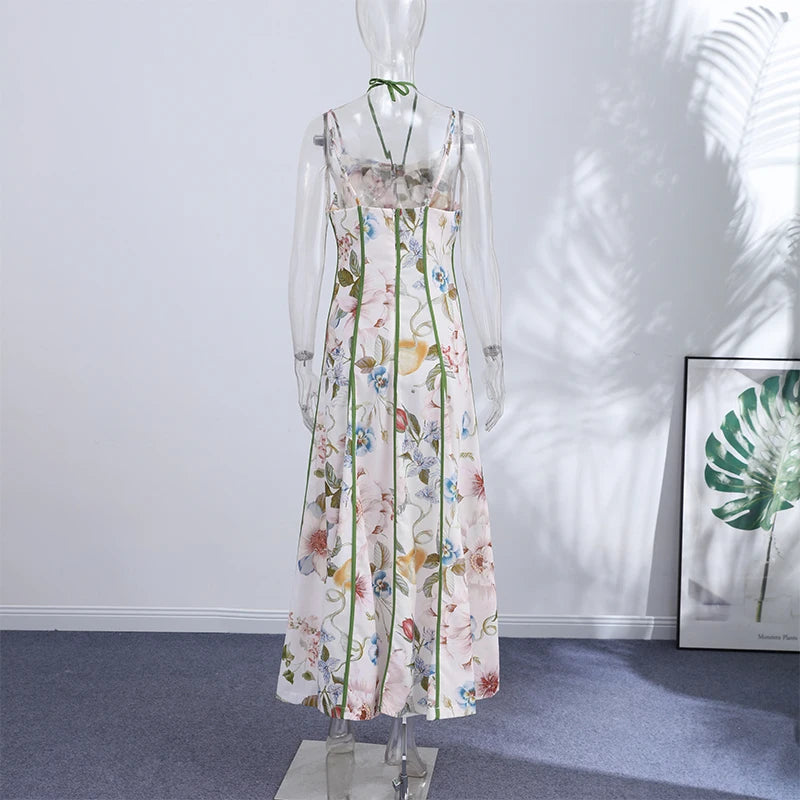 Women's Floral Print Linen Blend Maxi Dress Sweetheart Neckline Sleeveless Panelled Form With Contrast Floral Print