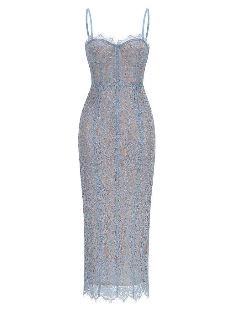 Sexy Spaghetti Strap V Neck Lace Long Dress Women Black Floral Lace Sleeveless Bodycon Dresses Elegant Evening Celebrity Party - Shellss
