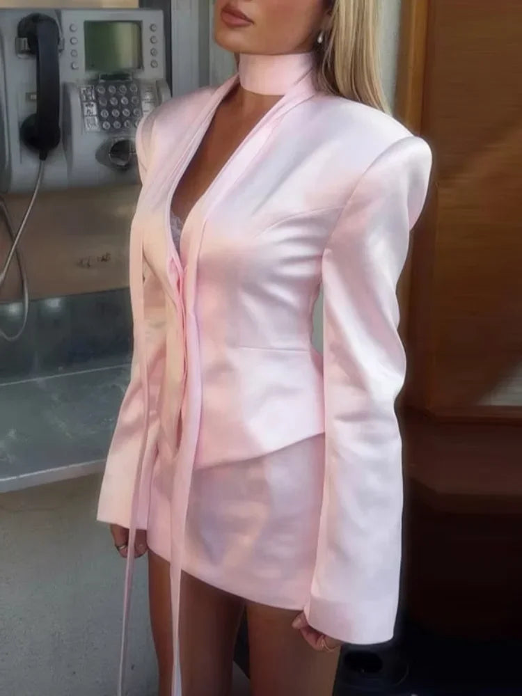 Solid Cropped Satin Blazer & Skirt Set