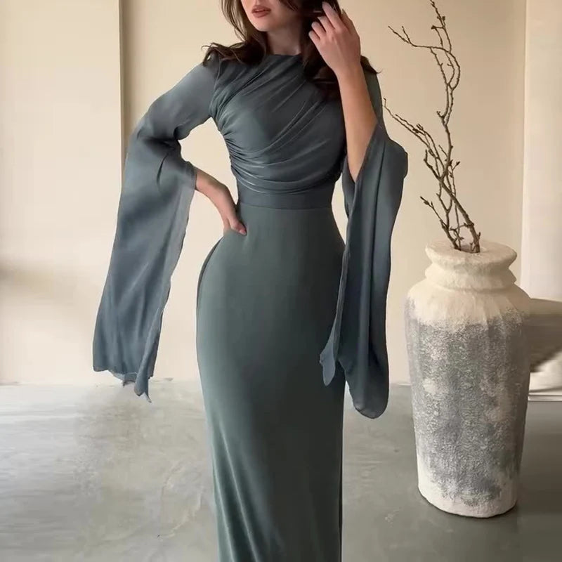 Fashion Satin Solid Robe Dress Ladies Temperament