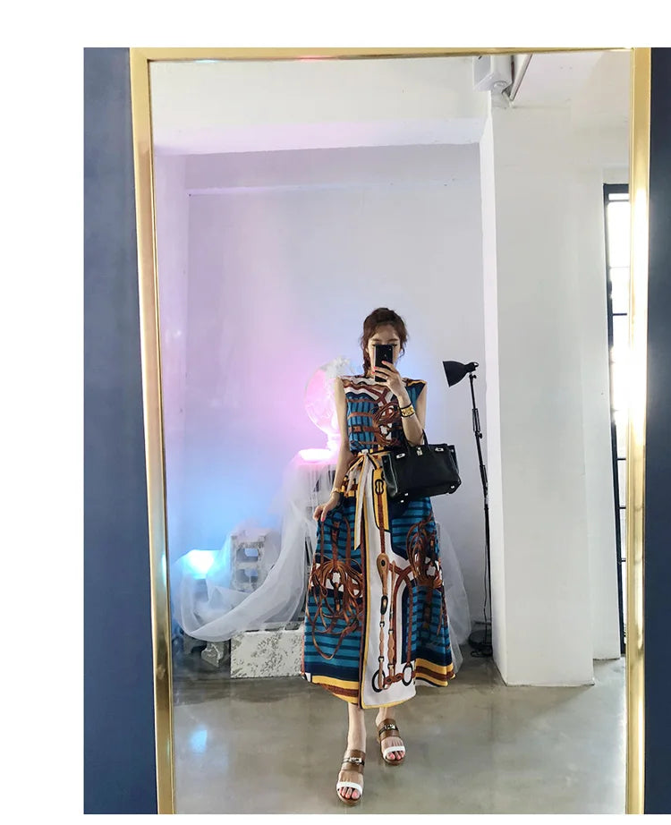 H Han Queen Hot Sales Korean Women's Summer Sexy Prints Work 2 Pieces Set Sleeveless Tops & A-Line Long Skirt Korean Skirt Suit
