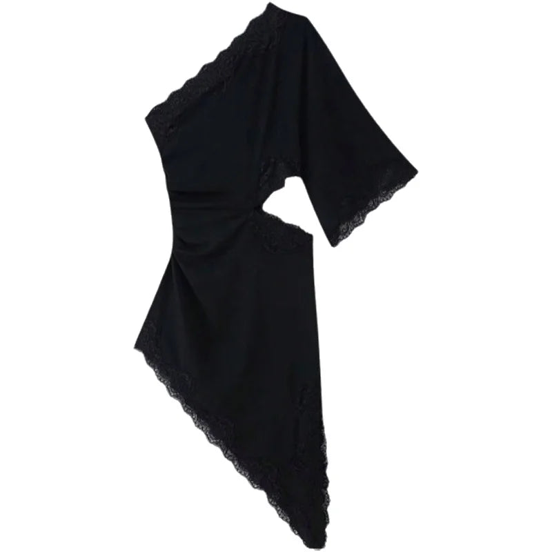 Sexy Lace Splice Bodycon Dress Asymmetrical Short Skirt Polyester Fabric Pure Color Summer 2026 Cross-Border Elegant Draped Gown