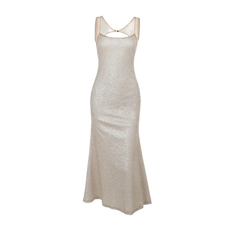 Women Shiny Chic Dress Bling Glitter Sequins Sling Sleeveless Backless Bodycon Maxi Robes Elegant Evening Party Cocktail Gowns