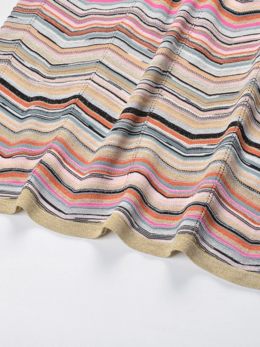VGH Chic Multicolor Chevron Striped Knit Maxi Dress for Women Halter Sleeveless High Neck Keyhole Back Button Closure Bodycon