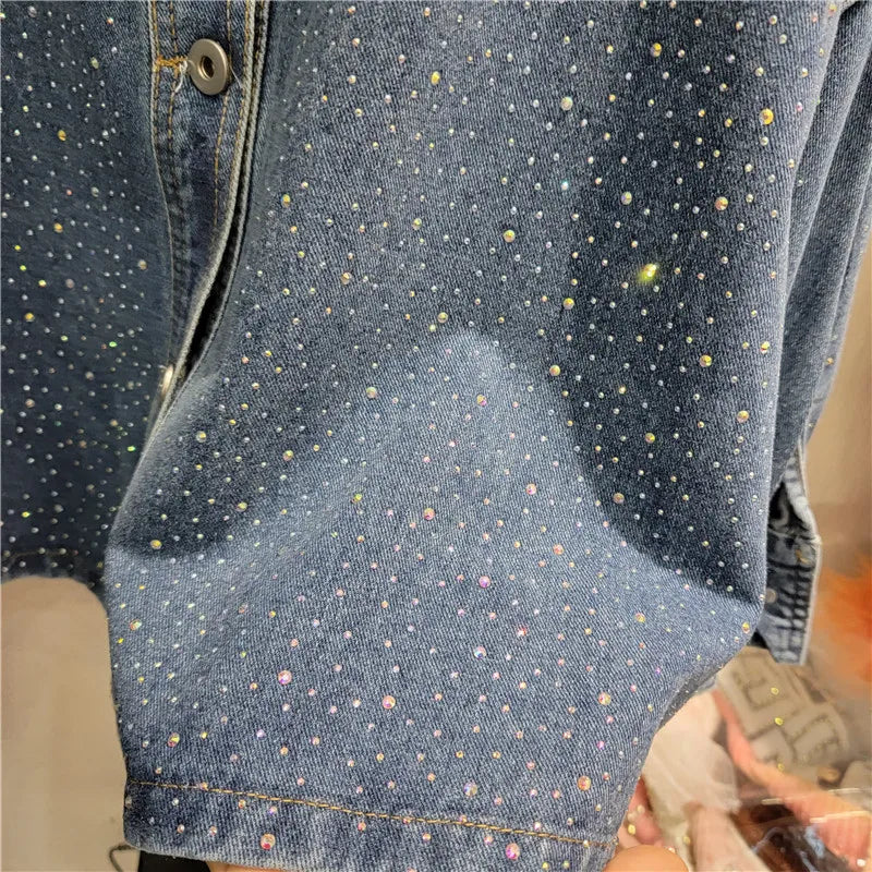 European Goods Heavy Hot Drilling Denim Coat Women's Fashion All-Match Mid-Length Slim Shirt Streetwear Loose Ladies Top Winter