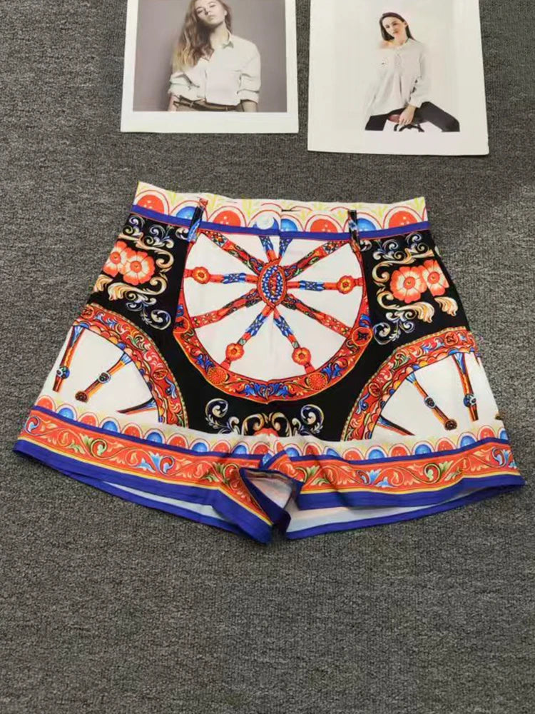 Designer retro geometric print tube top pullover shirt top two-piece set 2026 summer women's clothing + shorts hot pants suit - Shellss