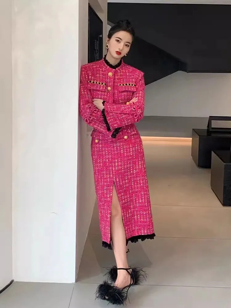 Pink Tweed Short Jacket & Skirt Two Piece - Shellss