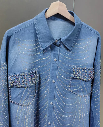 New In Autumn Sparkle Diamonds Mid-length Denim Shirts & Blouses For Women's Fashion Trend 2024   Tops Blusas Woman Clothes