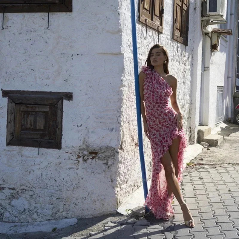 Floral One-Shoulder Chiffon Asymmetrical dress