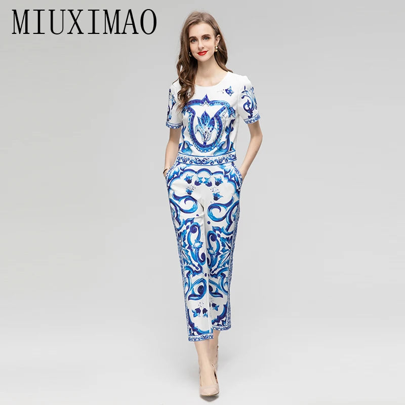 Sicily Set blue and white porcelain Print Top+ Pants Two-piece  Dolce