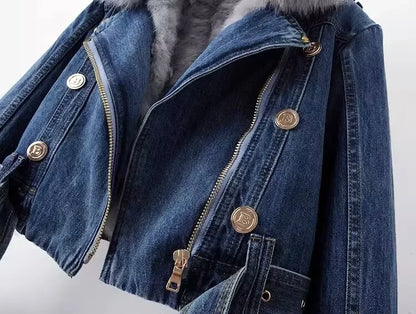 Denim Jacket Casual Punk Biker Faux Fox Fur Zipper Cowboy Coat