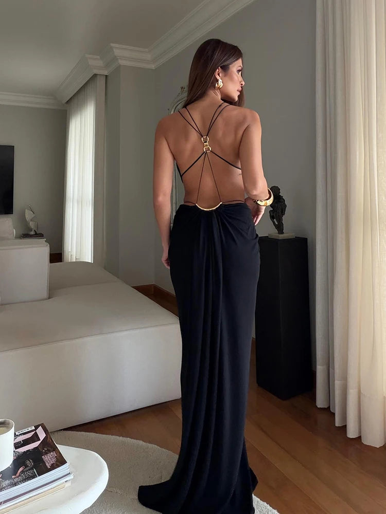 Sexy Women Dress Hollow Sleeveless Deep V Neck Big Backless Hip Package Long Dresses Elegant Summer New Beach Holiday Robes Lady