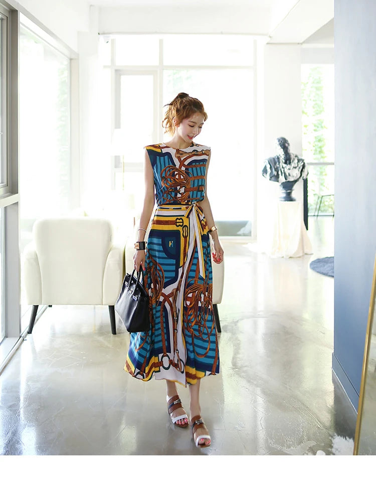 H Han Queen Hot Sales Korean Women's Summer Sexy Prints Work 2 Pieces Set Sleeveless Tops & A-Line Long Skirt Korean Skirt Suit
