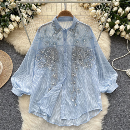 Lantern Sleeves Polo-neck Embroidered Beads Sequin shirt