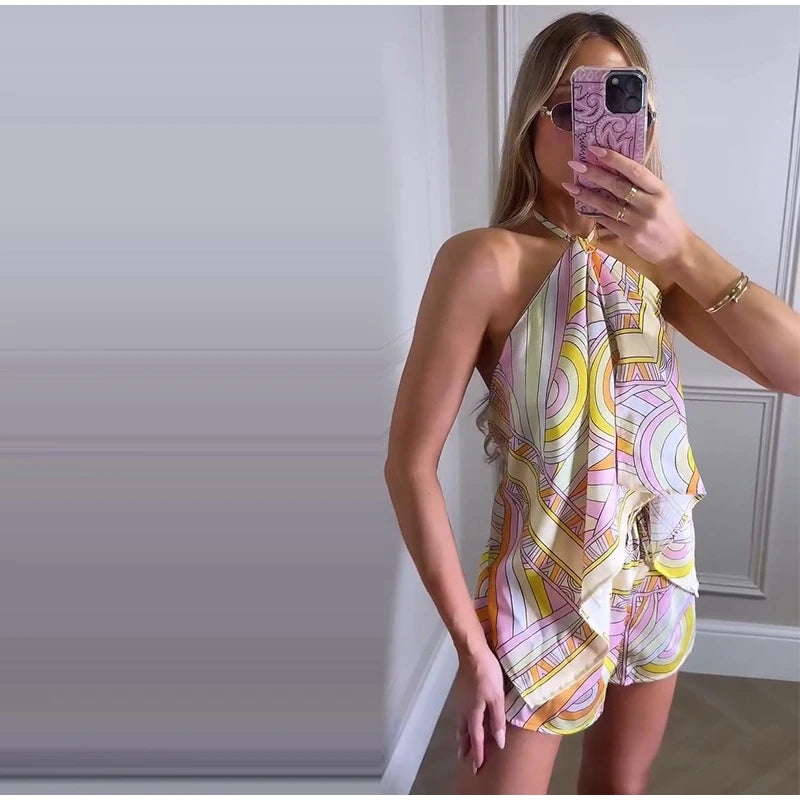 Sexy Women's Satin Printed Vest Shorts Set Lace Up Backless Strapless Crop Tops High Waist Short Pant 2026 Summer Beach Suit