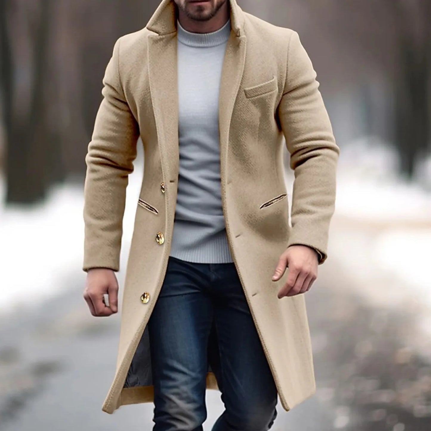 Mid Length Men Winter Windbreaker Jacket Solid Color Lapel Single Breasted