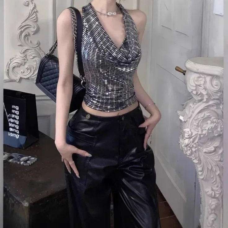 Shiny Sequin Halter Neck Crop Top Sparkly