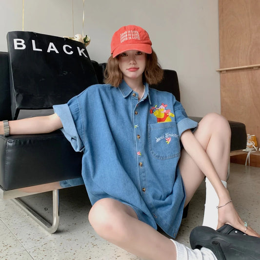 Embroidery Blue Denim Shirt For Women Simple