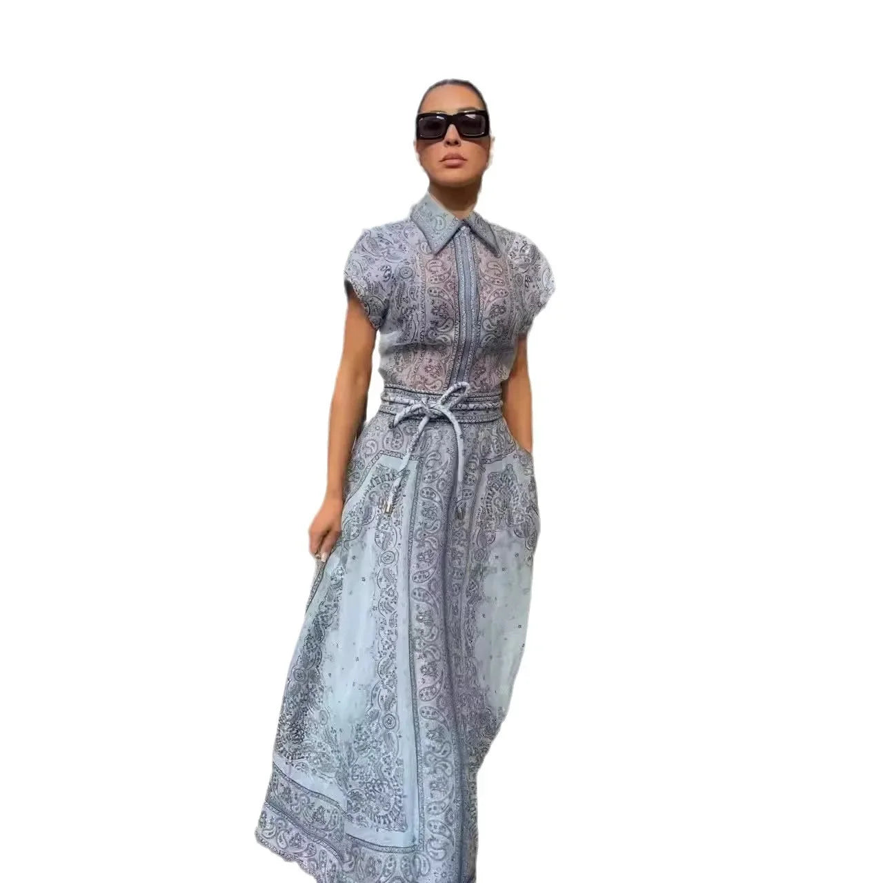 Printed 2-piece Set High-end Shirt Top Long Skirt