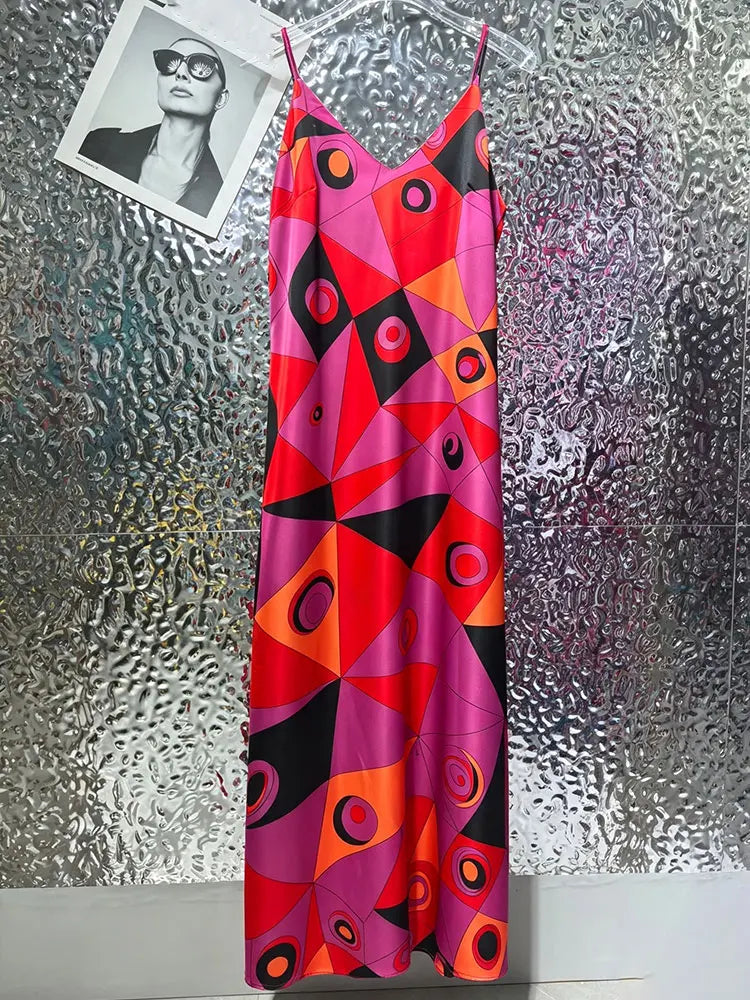 Sexy Summer Women's New Satin Elegant Dress V-Neck Thin Shoulder Strap Geometric Printing Suspenders Elegant Party Holiday Dress